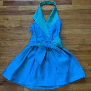 Elegant 2 Tone Blue And Teal Wrap Mini Halter Dress Vintage 90s Sirencore
